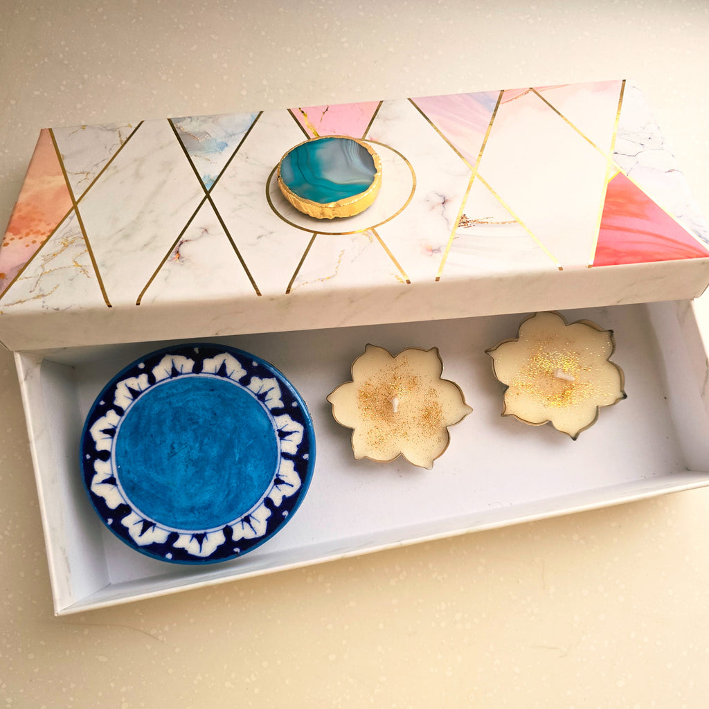 Blue Pottery Choki And Candle Set
