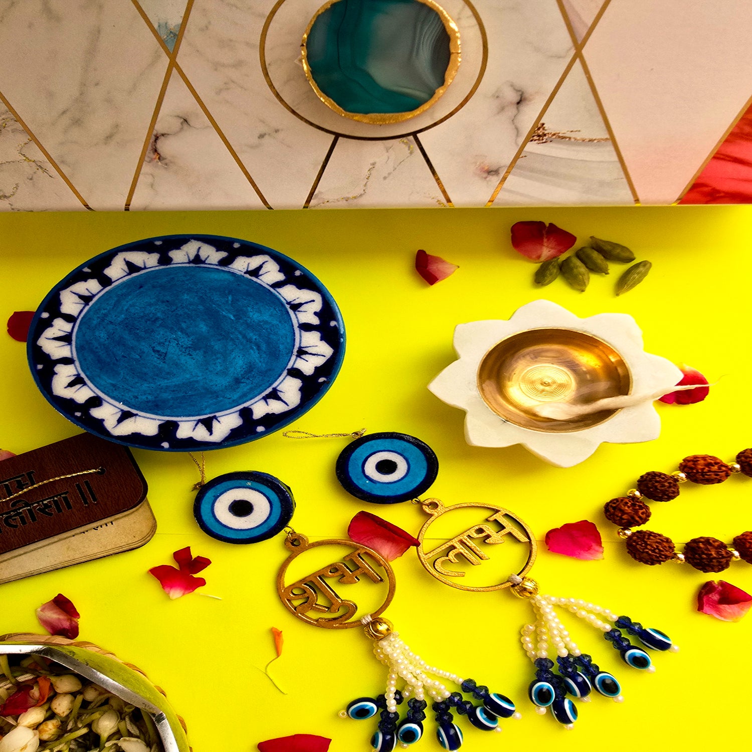 Blue Pottery Choki , Door Hangings And Marble Diya Set