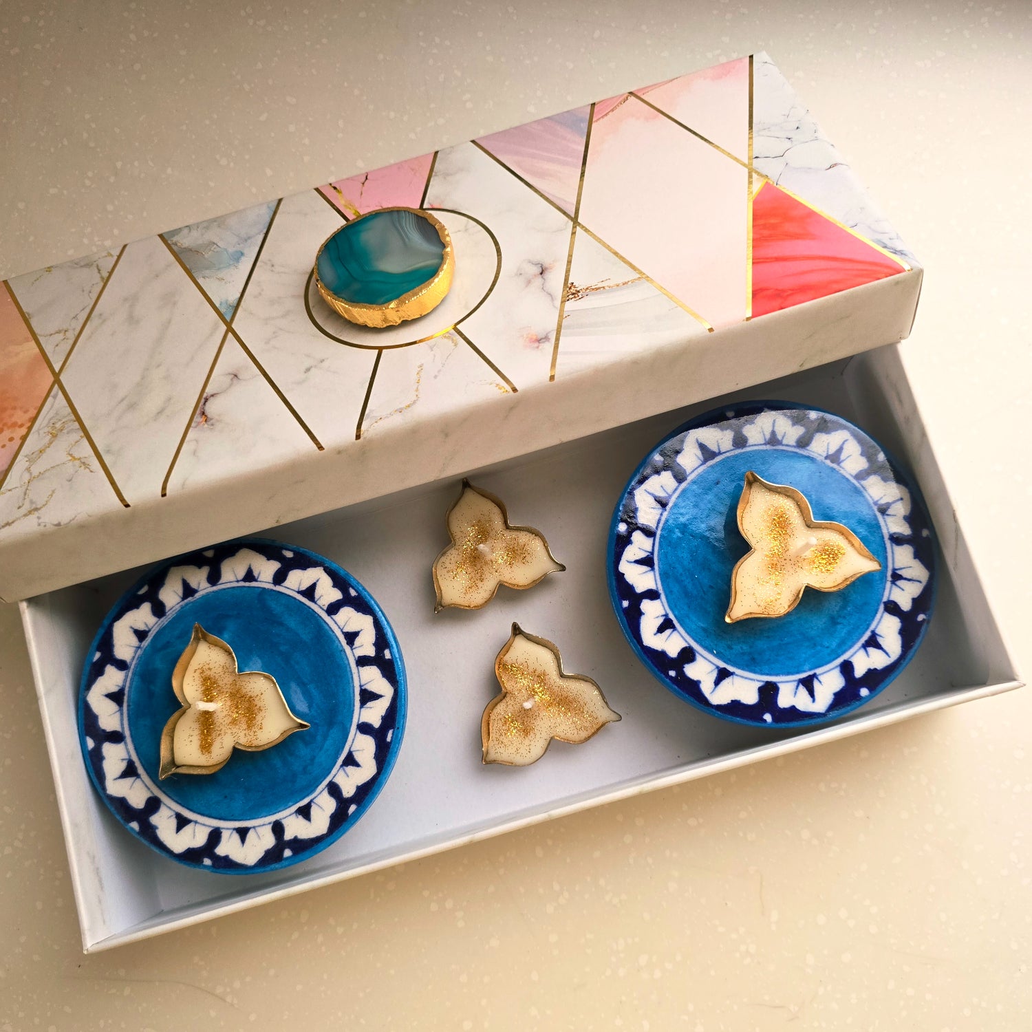 Blue Pottery Choki (Set Of 2) And Candle (Set Of 4) Combo