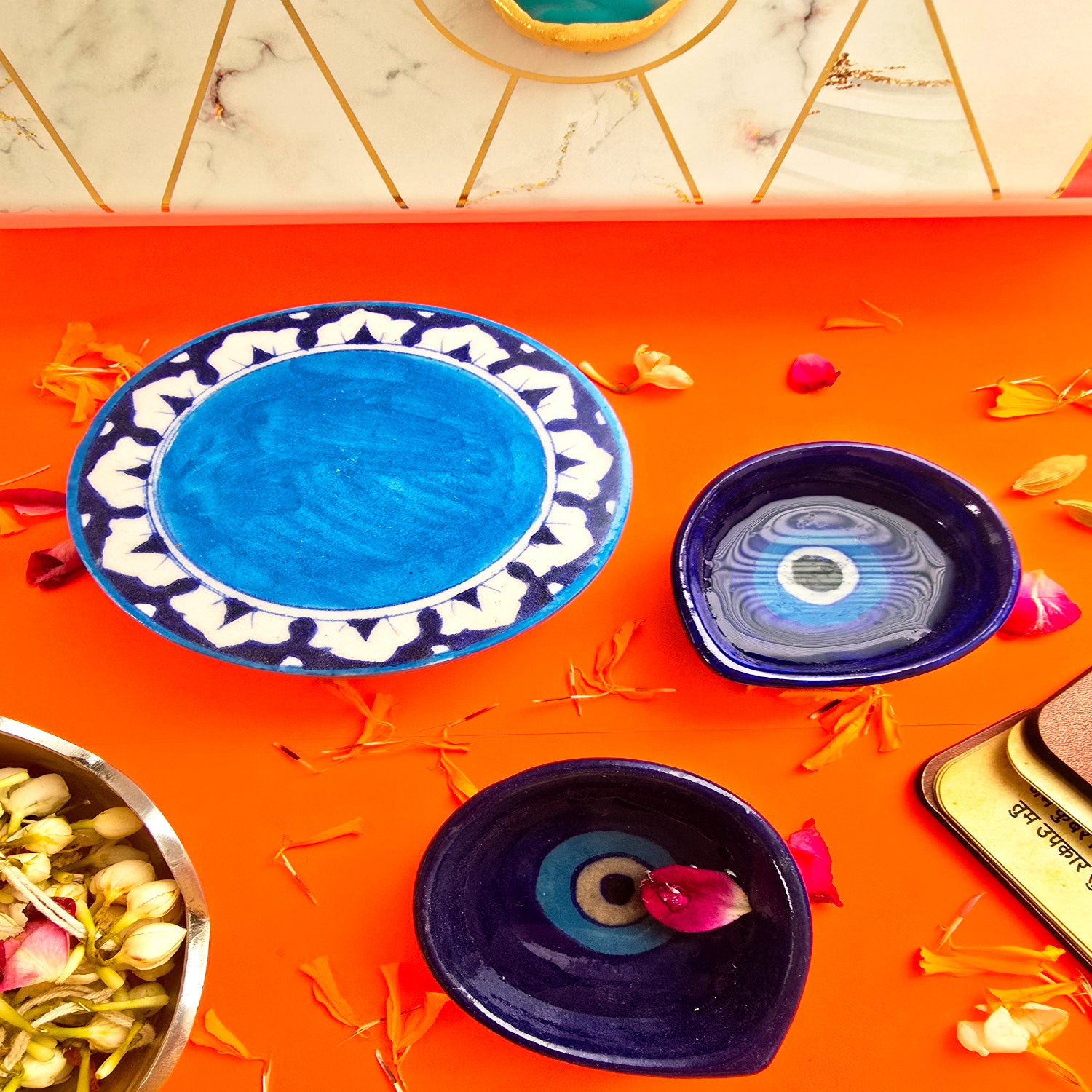 Blue Pottery Choki And Diya Set