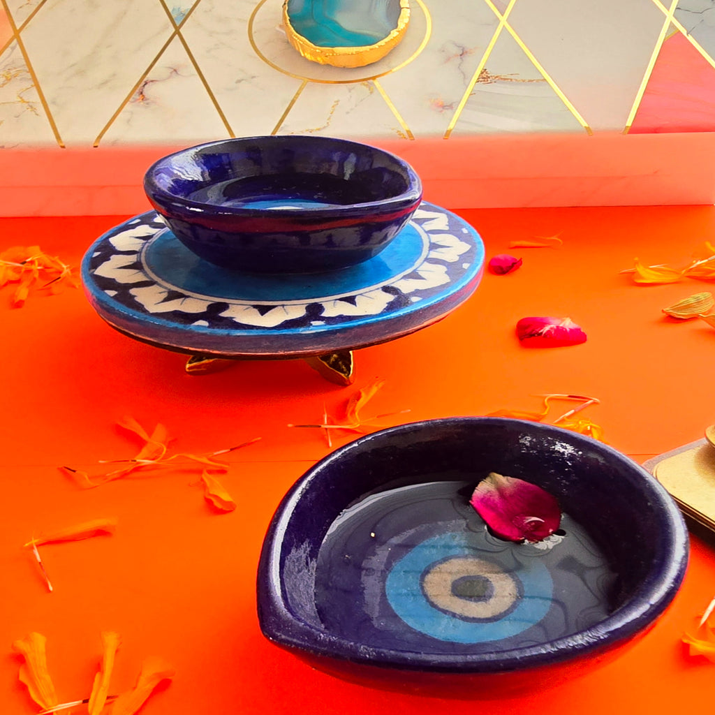 Blue Pottery Choki And Diya Set