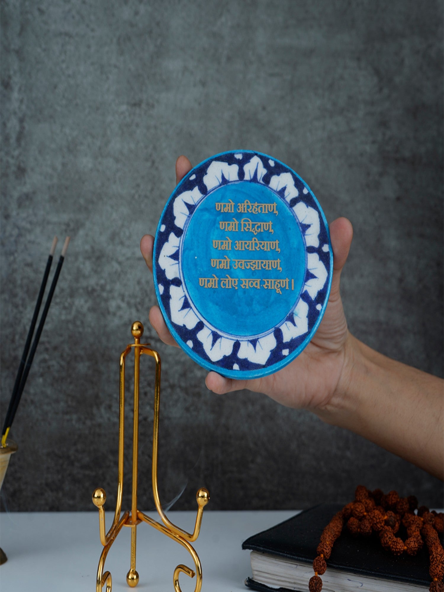 Namokar Mantra Handcrafted Blue Pottery Showpiece