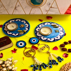 Blue Pottery Tea Light Holder And Shubh Labh Door Hangings