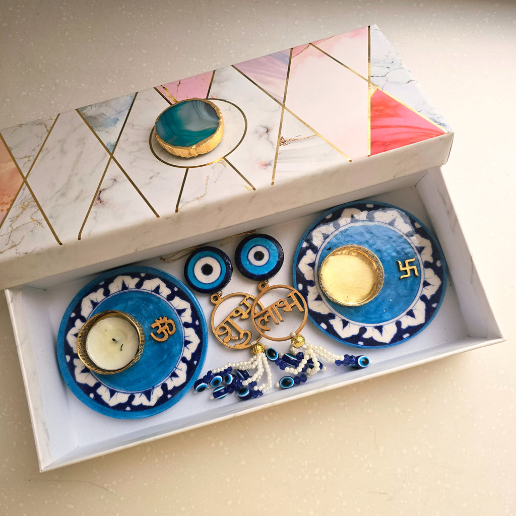 Blue Pottery Tea Light Holder And Shubh Labh Door Hangings