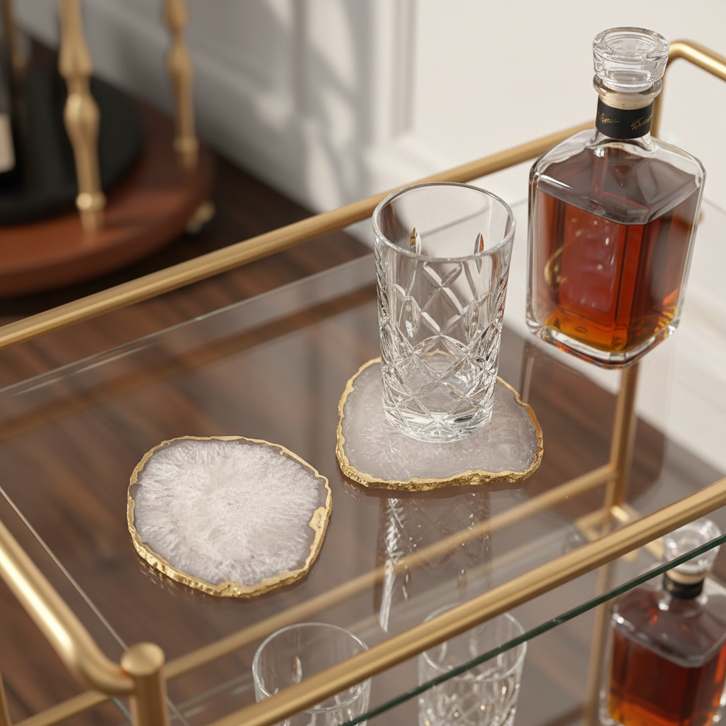 White Crystal Agate Coaster With Gold Plating Set of 2