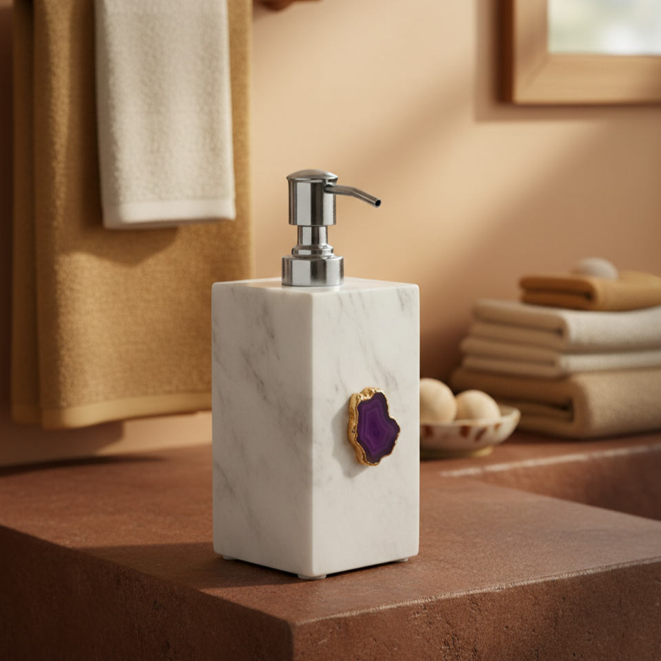 White Marble with Pink Agate Soap Dispenser