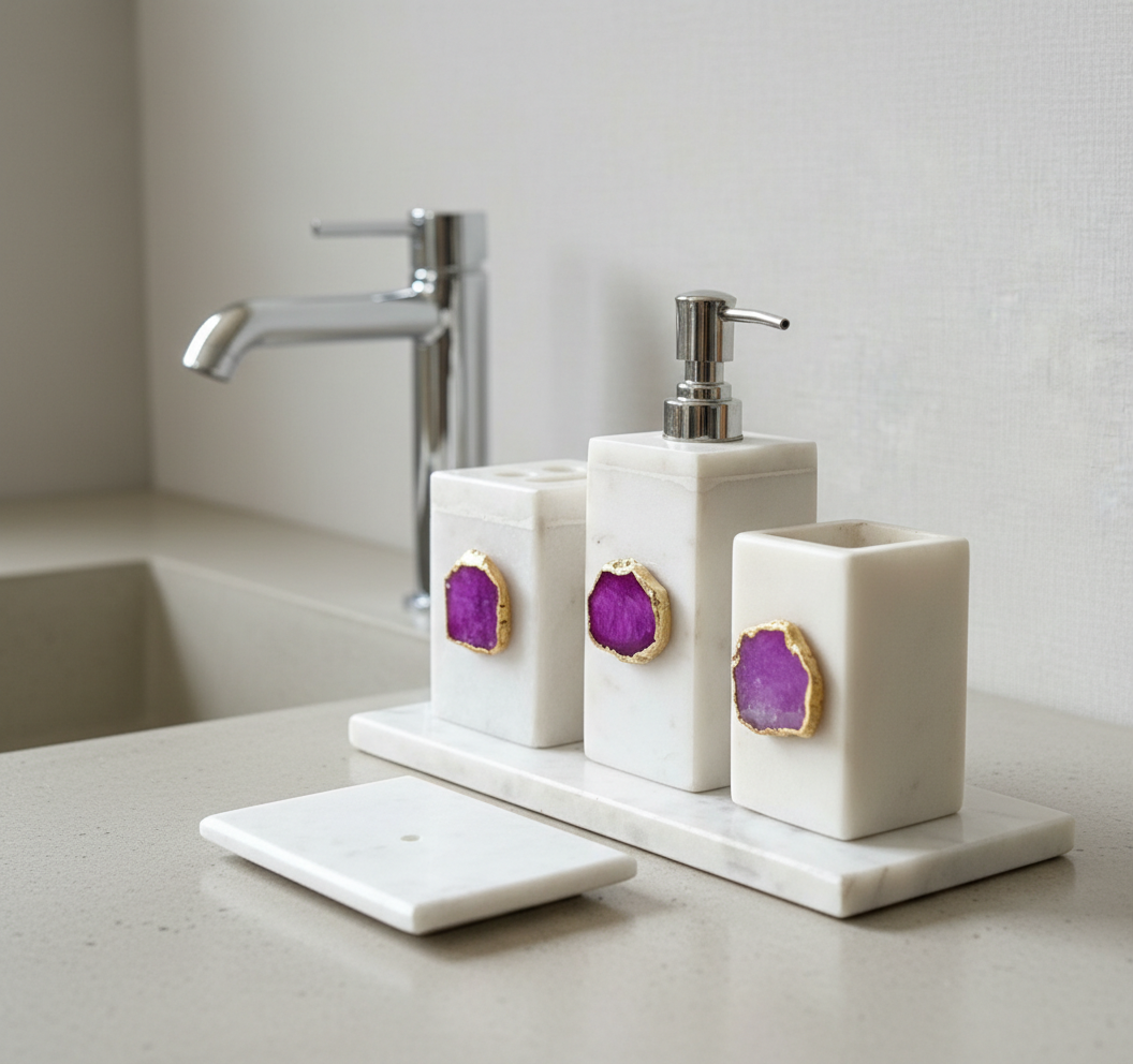 White Marble with Pink Agate Bathroom Set, Set of 5