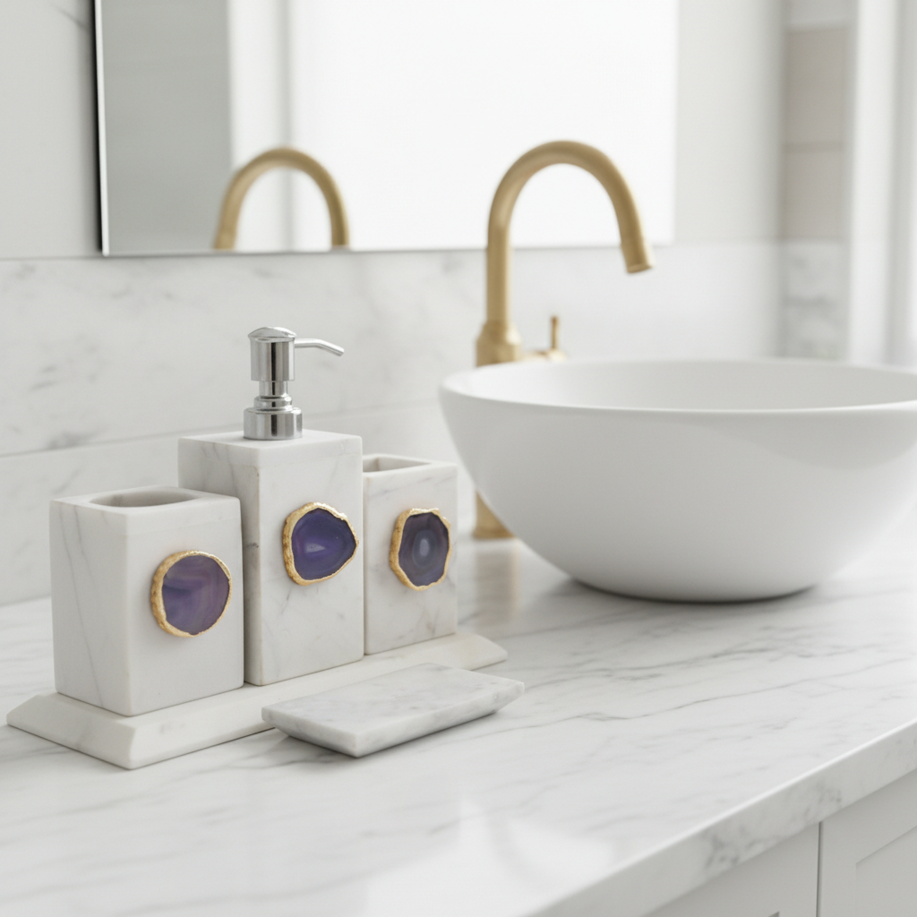 White Marble with Purple Agate Bathroom Set, Set of 5