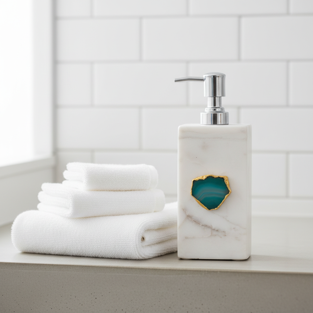 White Marble with Green Agate Soap Dispenser