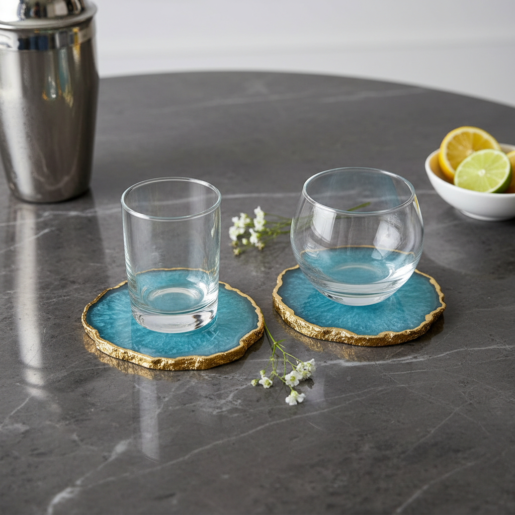 Turquoise  Crystal Agate Coaster With Gold Plating Set of 2