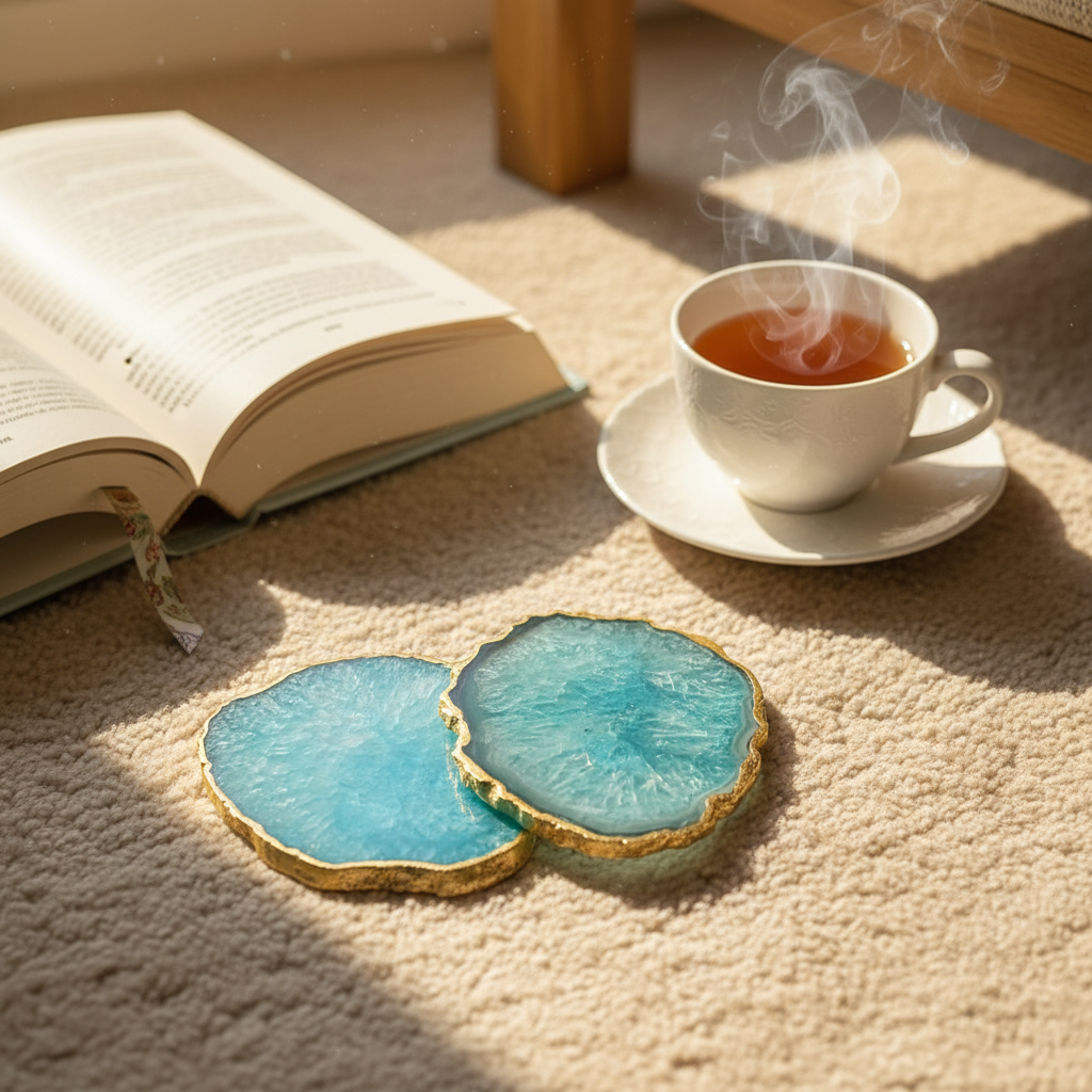 Purple Crystal Agate Coaster With Gold Plating Set of 2