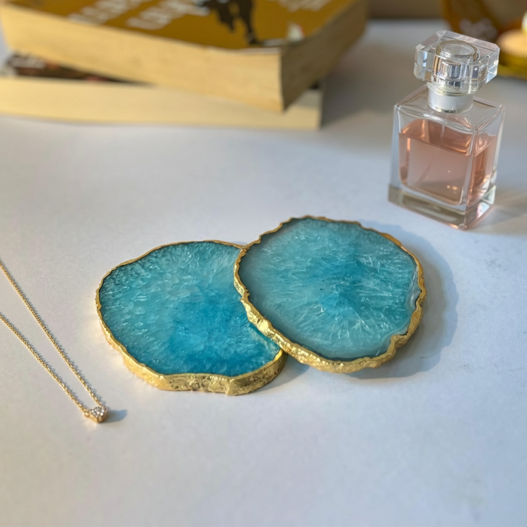 Blue Crystal Agate Coaster With Gold Plating Set of 2