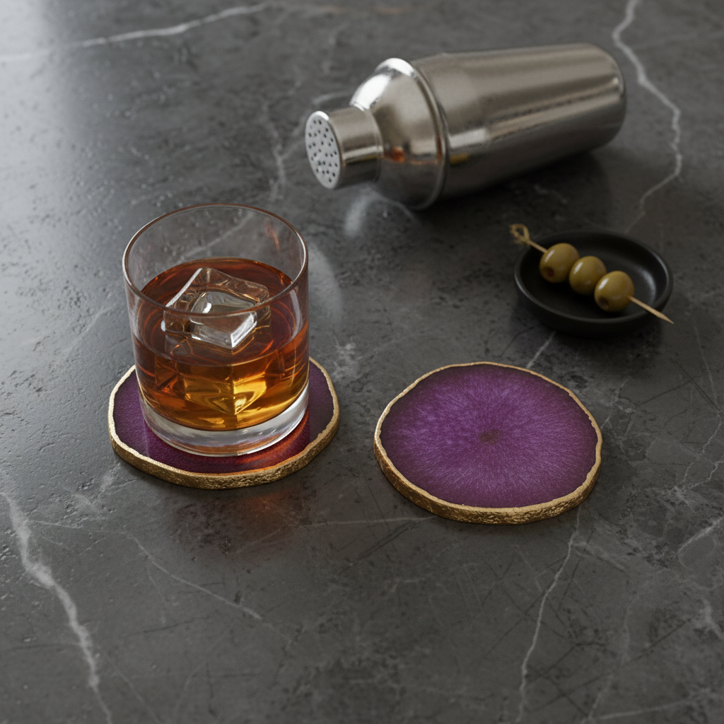 Pink Crystal Agate Coaster With Gold Plating Set of 2