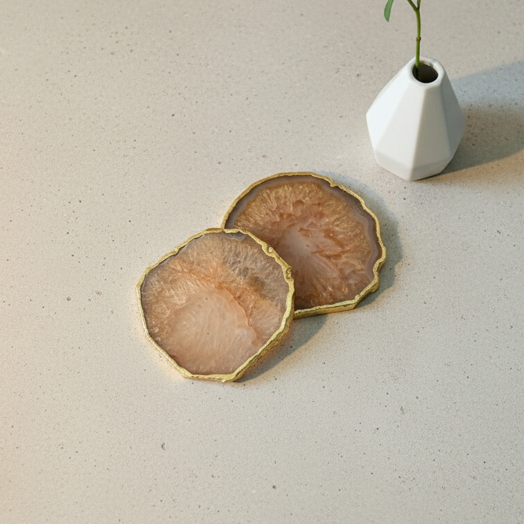 Brown Crystal Agate Coaster With Gold Plating Set of 2