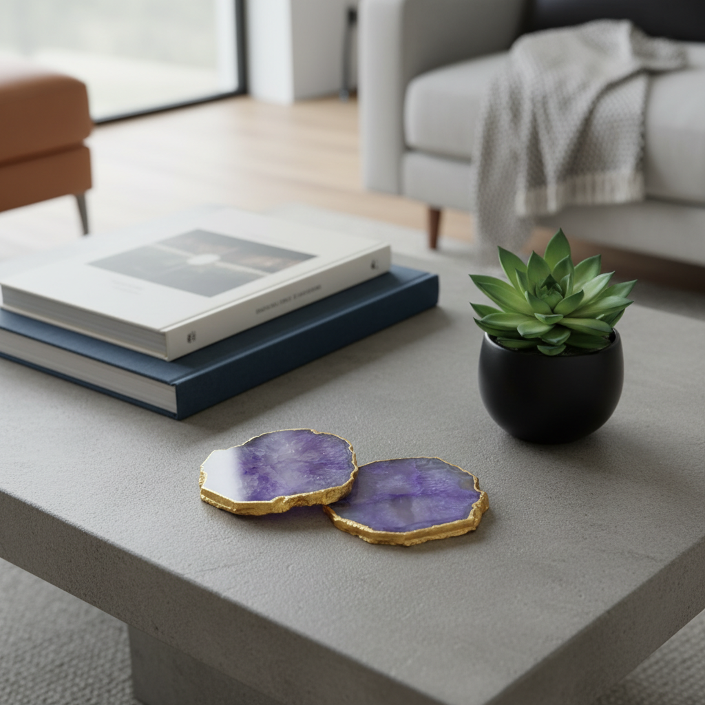 Purple Crystal Agate Coaster With Gold Plating Set of 2