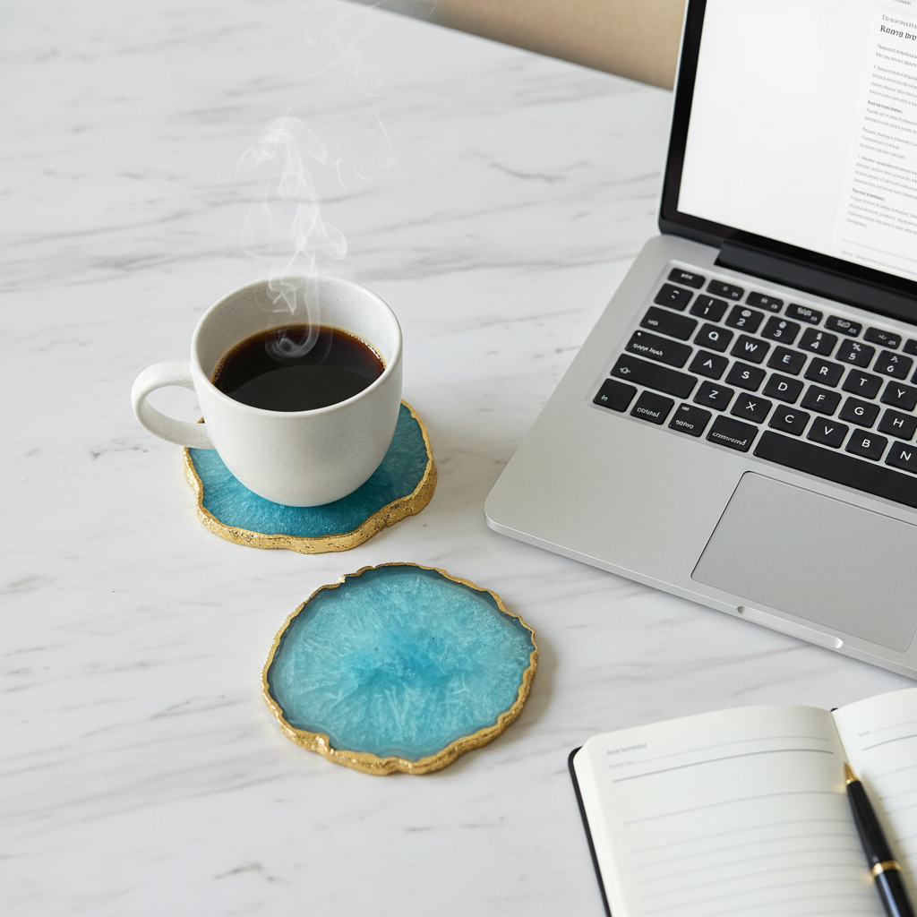 Turquoise  Crystal Agate Coaster With Gold Plating Set of 2
