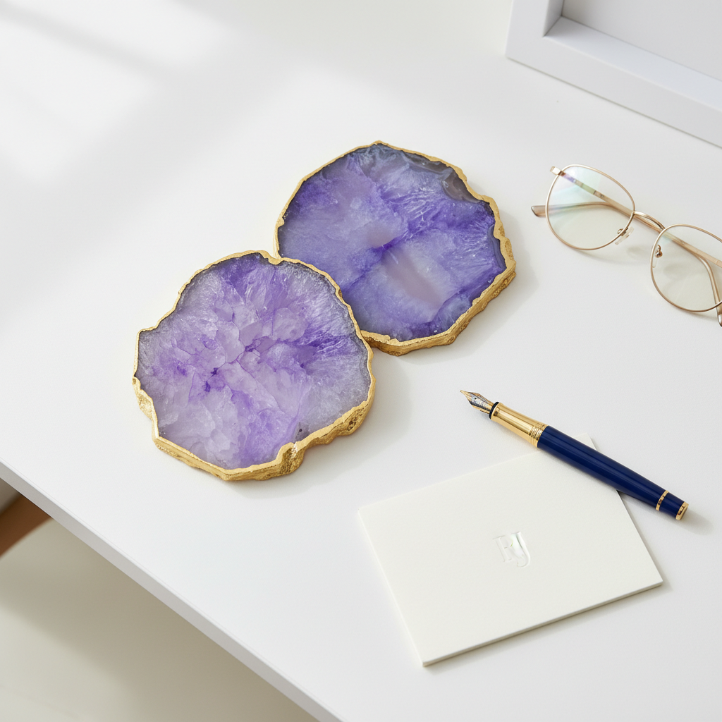 Blue Crystal Agate Coaster With Gold Plating Set of 2