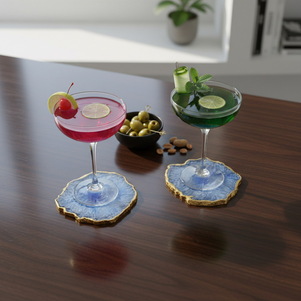 Blue Crystal Agate Coaster With Gold Plating Set of 2