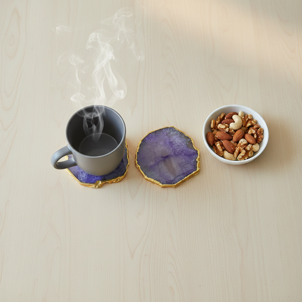 Purple Crystal Agate Coaster With Gold Plating Set of 2