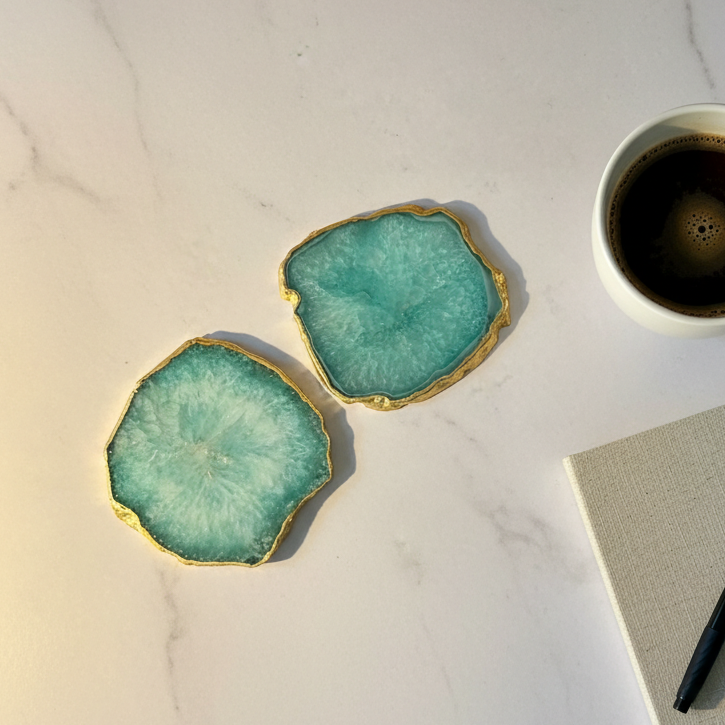 Green  Crystal Agate Coaster With Gold Plating