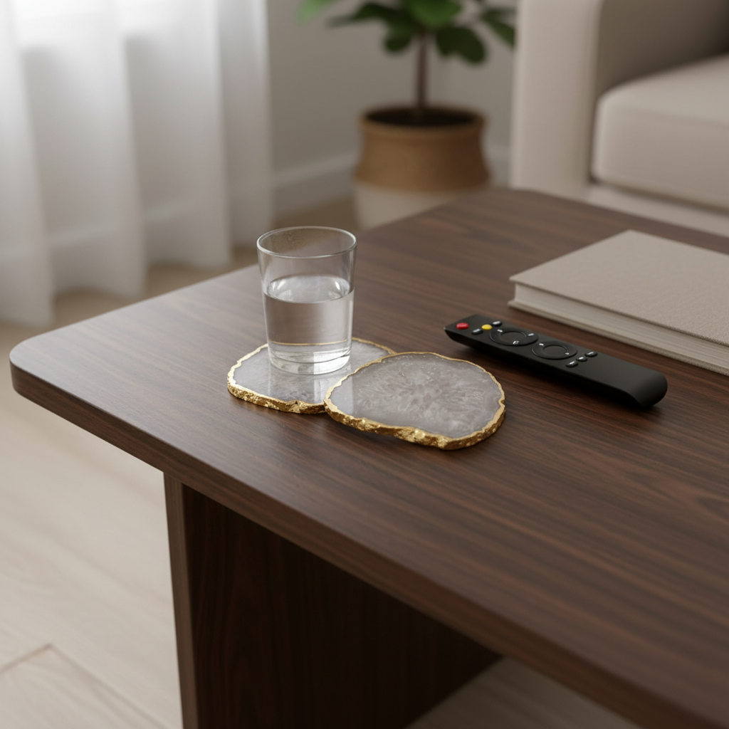 White Crystal Agate Coaster With Gold Plating Set of 2