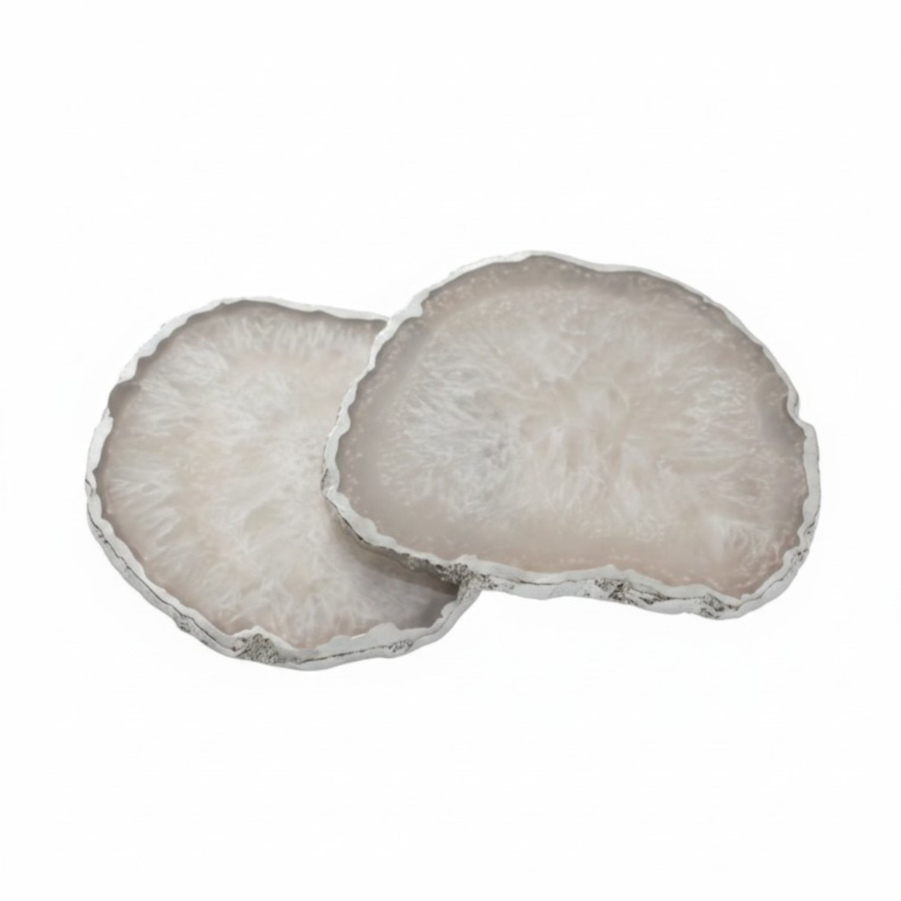 White  Crystal Agate Coaster With Silver Plating Set Of 02