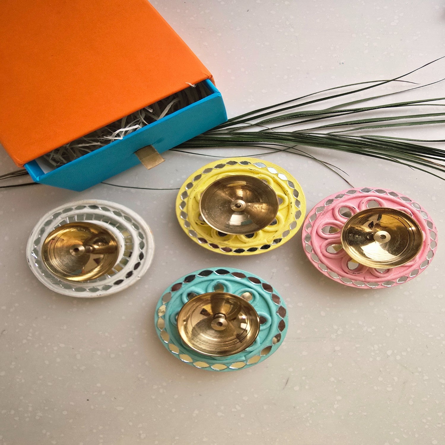 Turquoise MDF Brass Diya with Box
