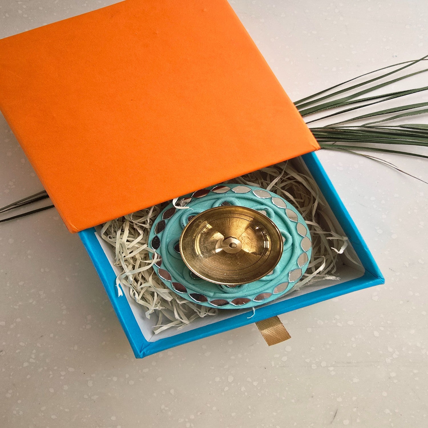 Turquoise MDF Brass Diya with Box
