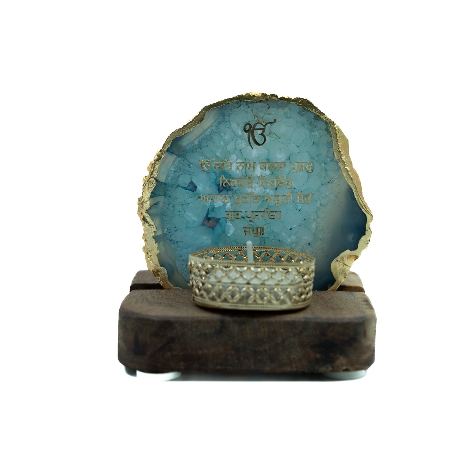 Ik Onkar Mantra Turquoise Agate Tealight Wooden