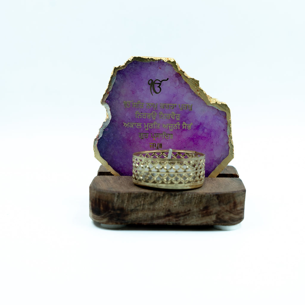 Ik Onkar Mantra Pink Agate Tealight Wooden