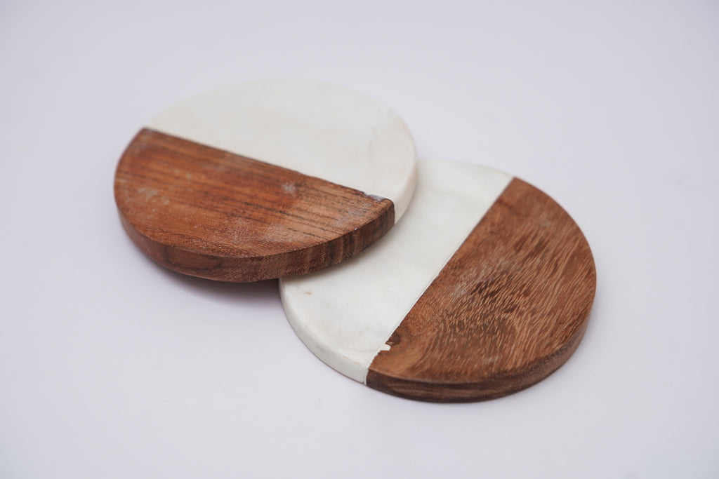 White  Marble and Wooden  Round Coaster