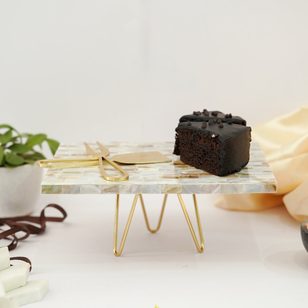 Mother of Pearl Rectanguler Cake Stand with Metal Base 10 x 8-Inch