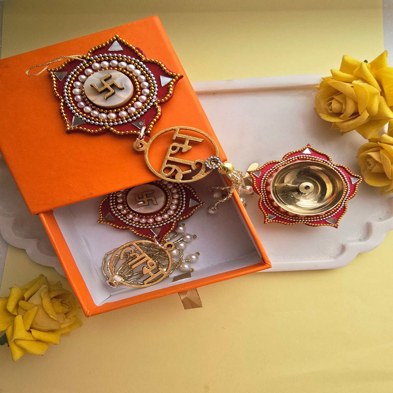 Brass Diya with Red MDF Door Hangings & Gift Box Traditional Diya for Diwali