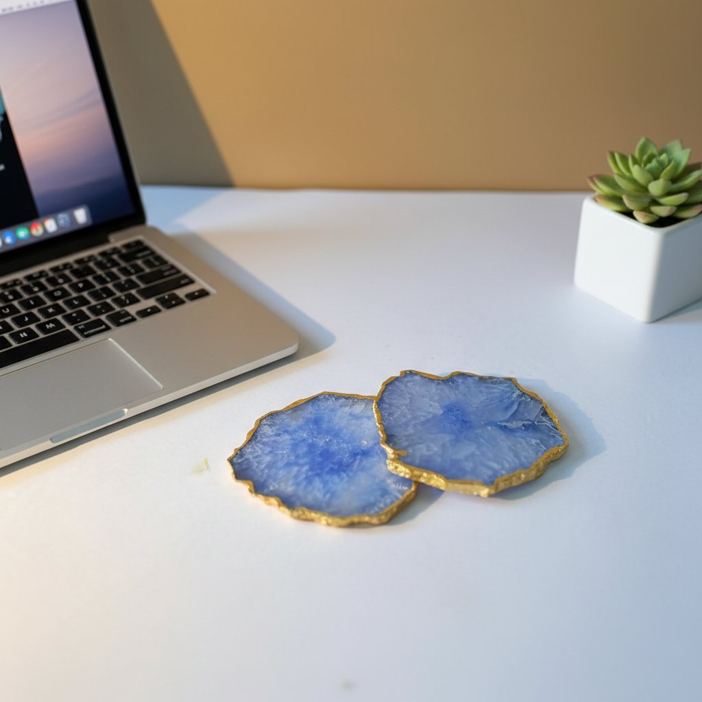 Blue Crystal Agate Coaster With Gold Plating Set of 2