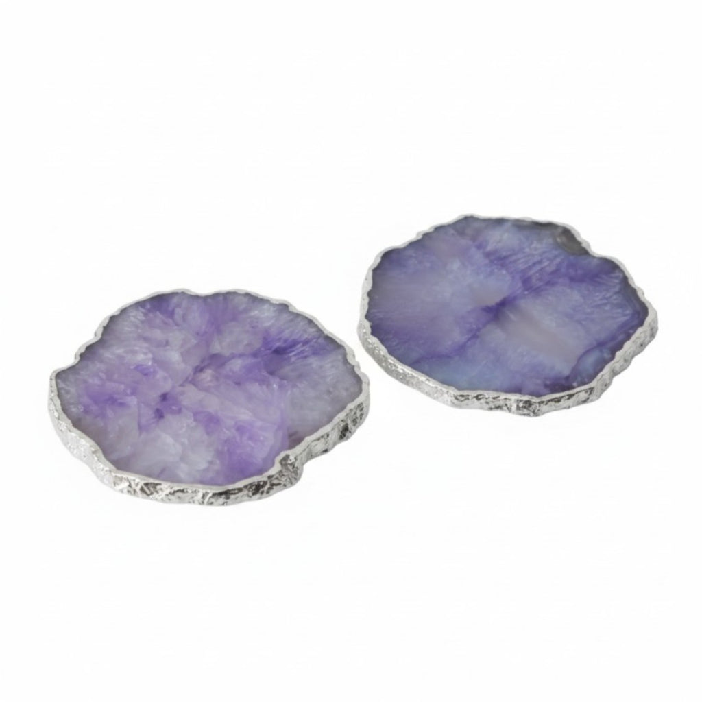 Purple  Crystal Agate Coaster With Silver Plating Set of 2