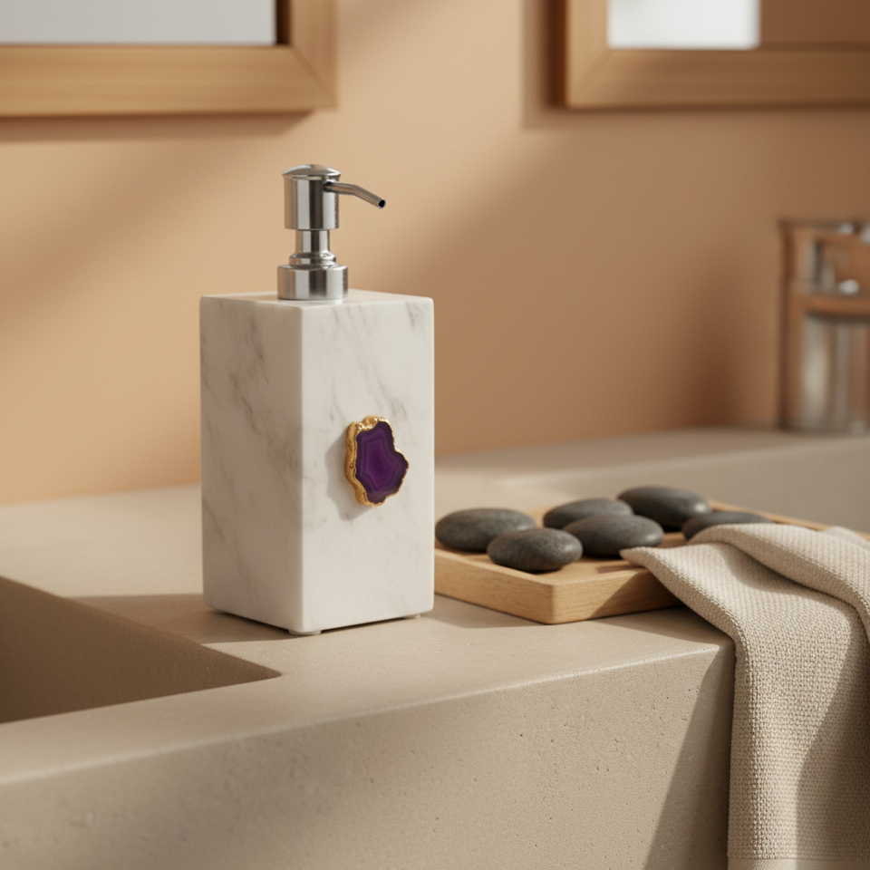 White Marble with Pink Agate Soap Dispenser