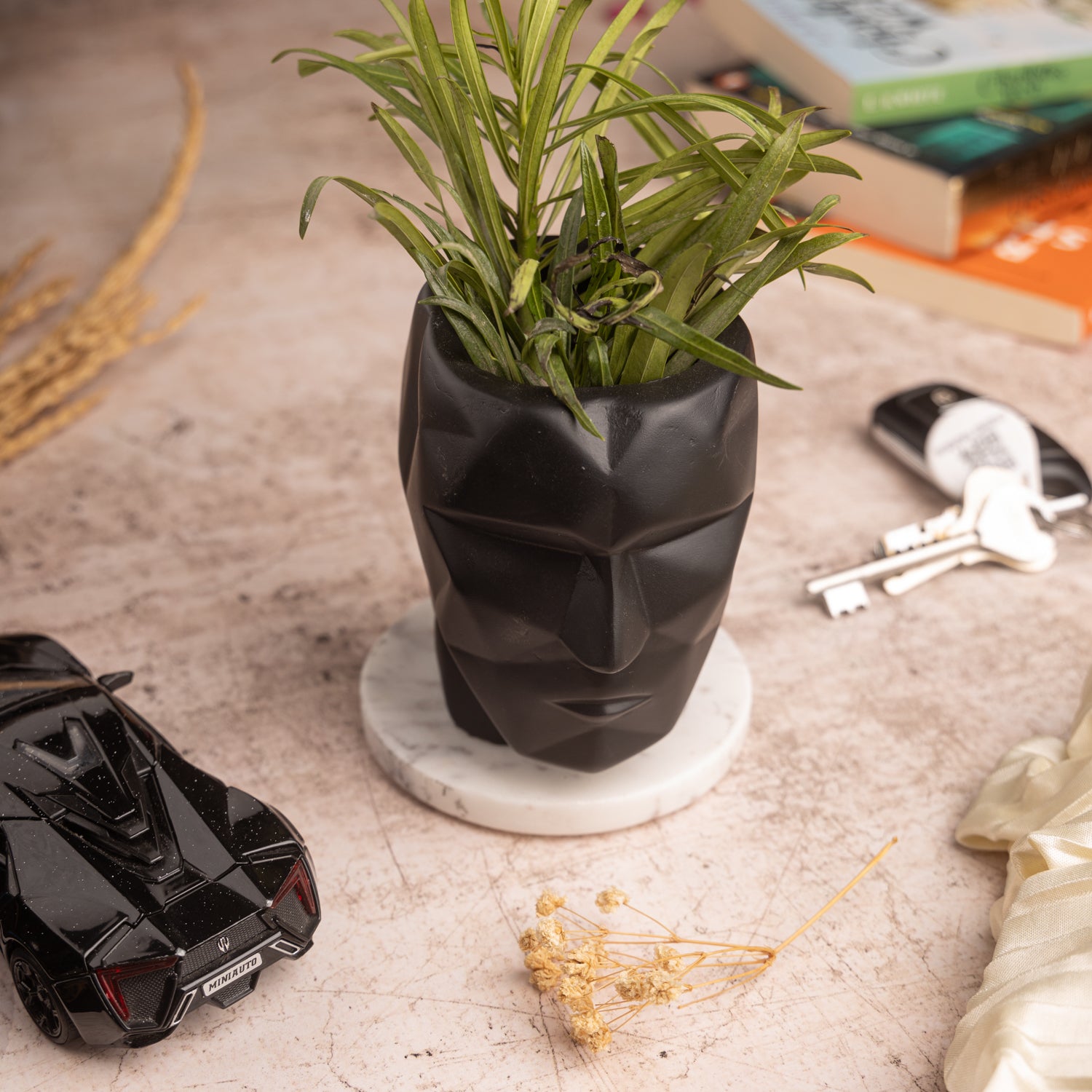 Face Design Planter with Marble Base