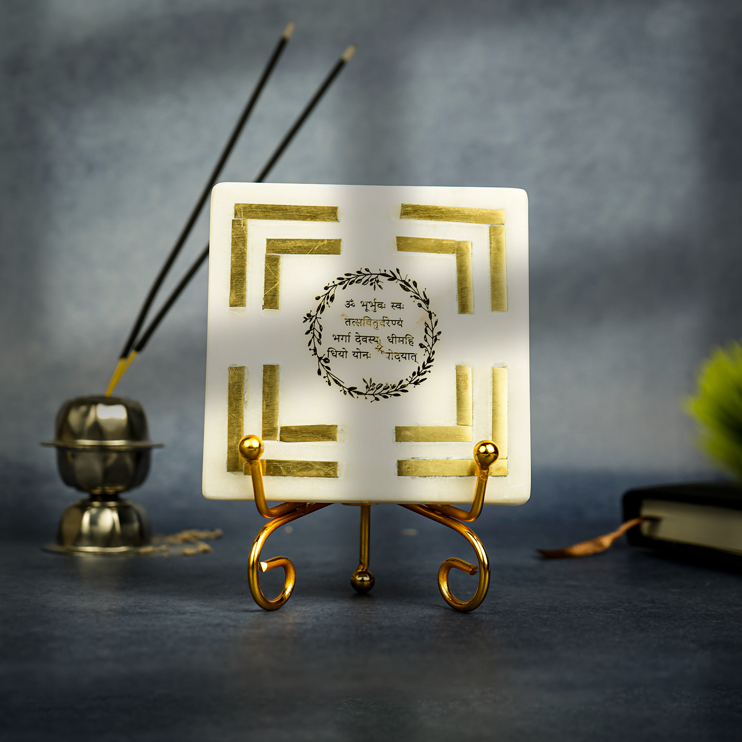Gayatri Mantra Square shape Marble with Brass Inlay Metal Stand Showpiece