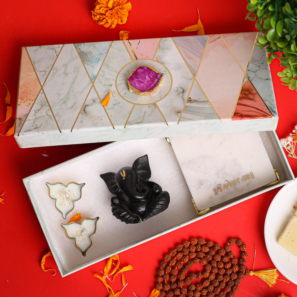 Black Ganesha With Marble Choki And Candles