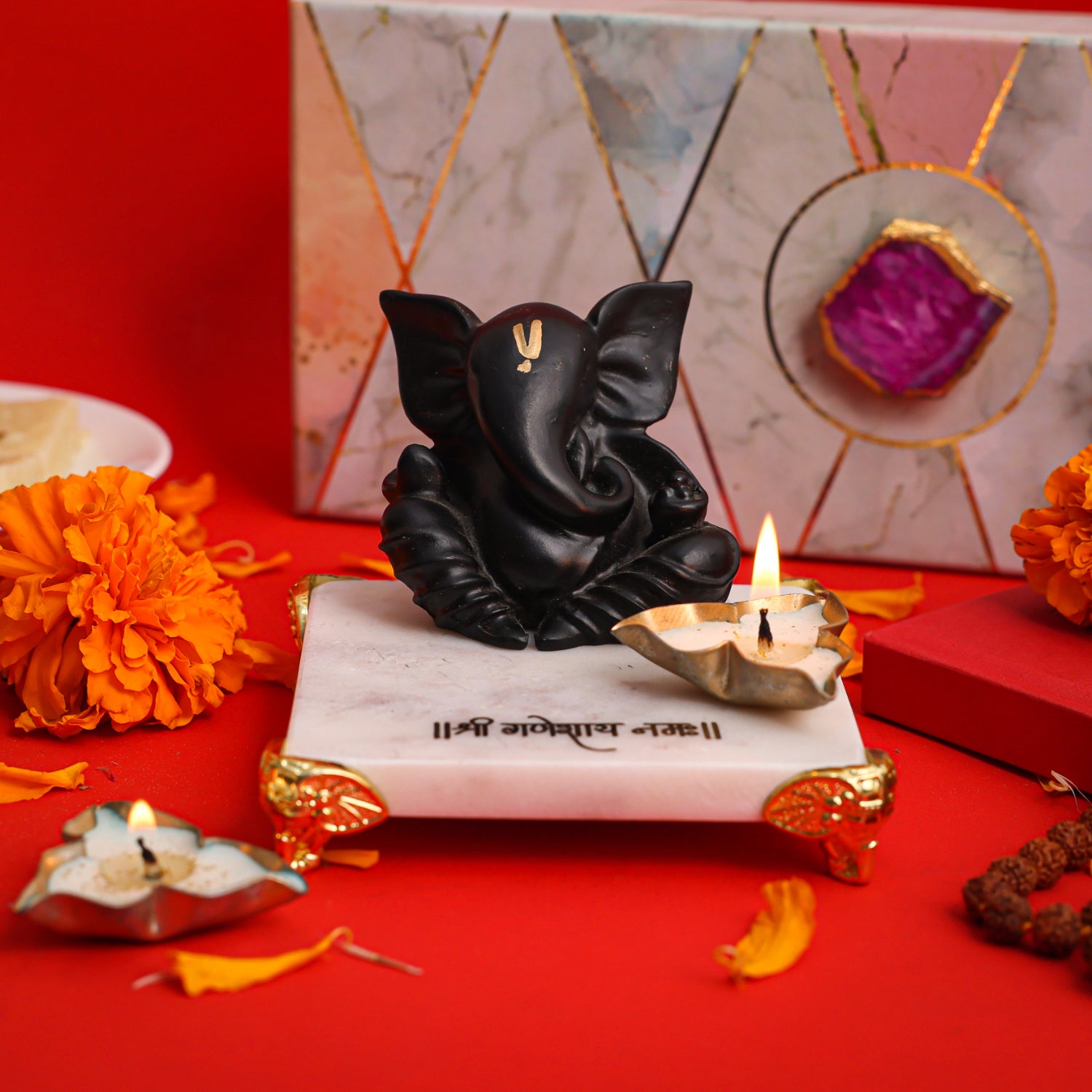 Black Ganesha With Marble Choki And Candles