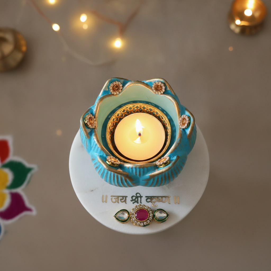 White Marble Choki And Polyresin Tea Light Holder