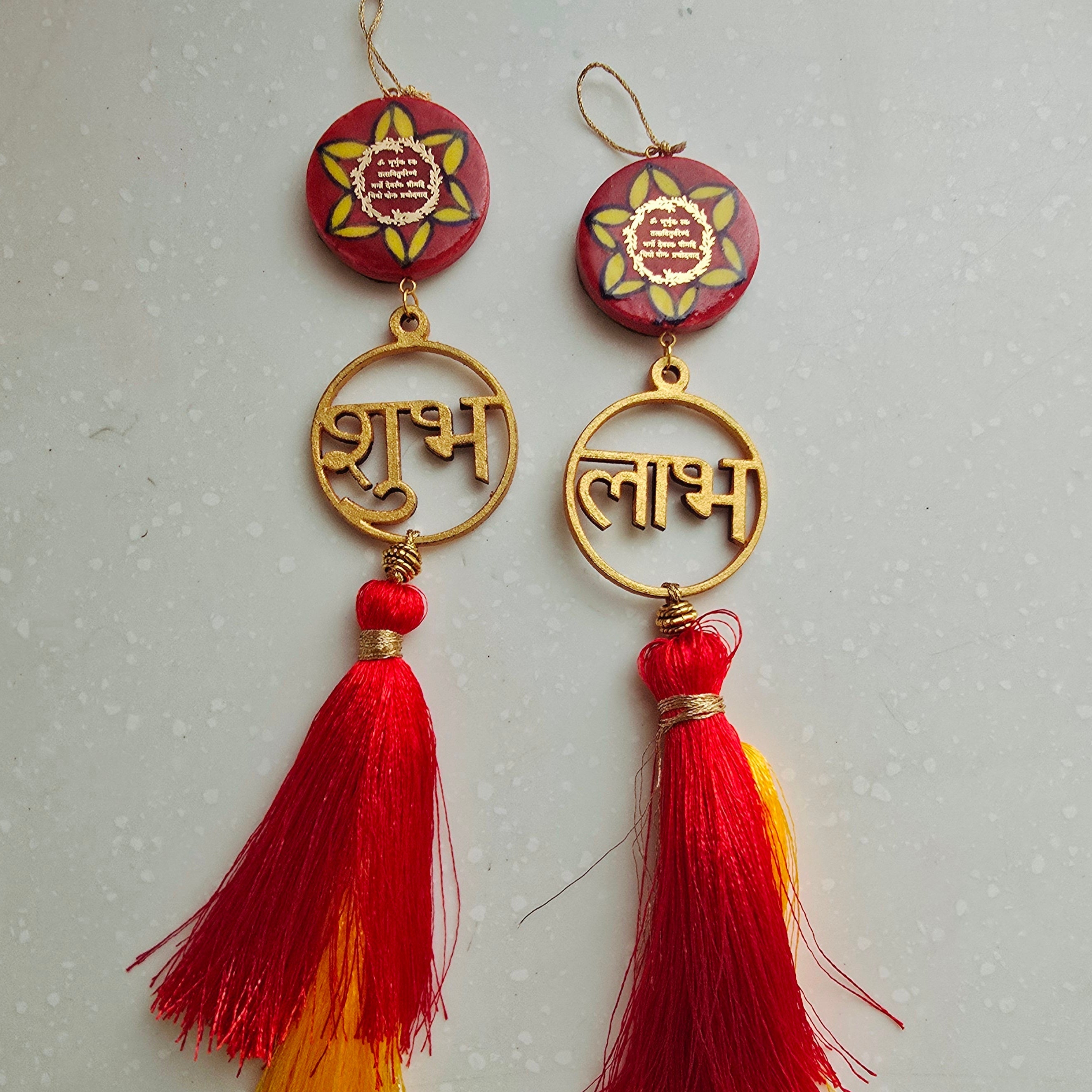 Blue Pottery Red Floral Print Gayatri Mantra Shubh Labh Door Hangings