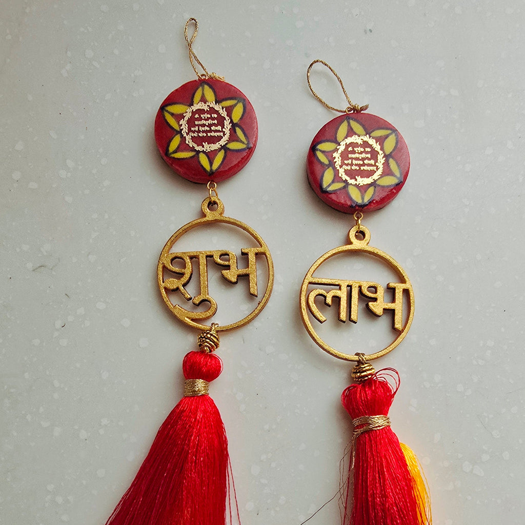 Blue Pottery Red Floral Print Gayatri Mantra Shubh Labh Door Hangings