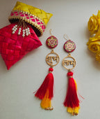 Blue Pottery Red Floral Print Gayatri Mantra Shubh Labh Door Hangings