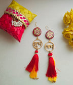 Blue Pottery Red Floral Print Gayatri Mantra Shubh Labh Door Hangings