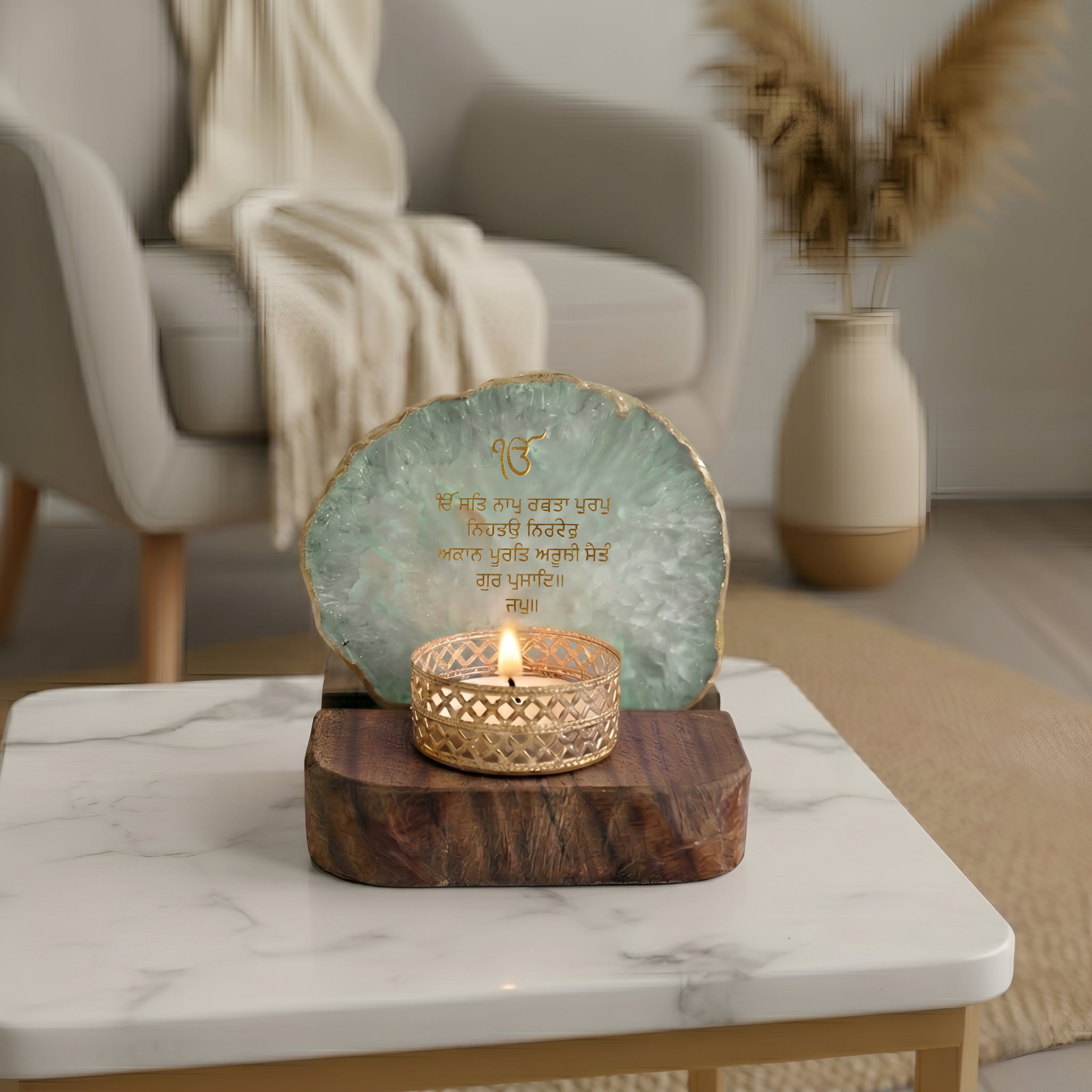 Ik Onkar Mantra Green Agate Tealight Wooden