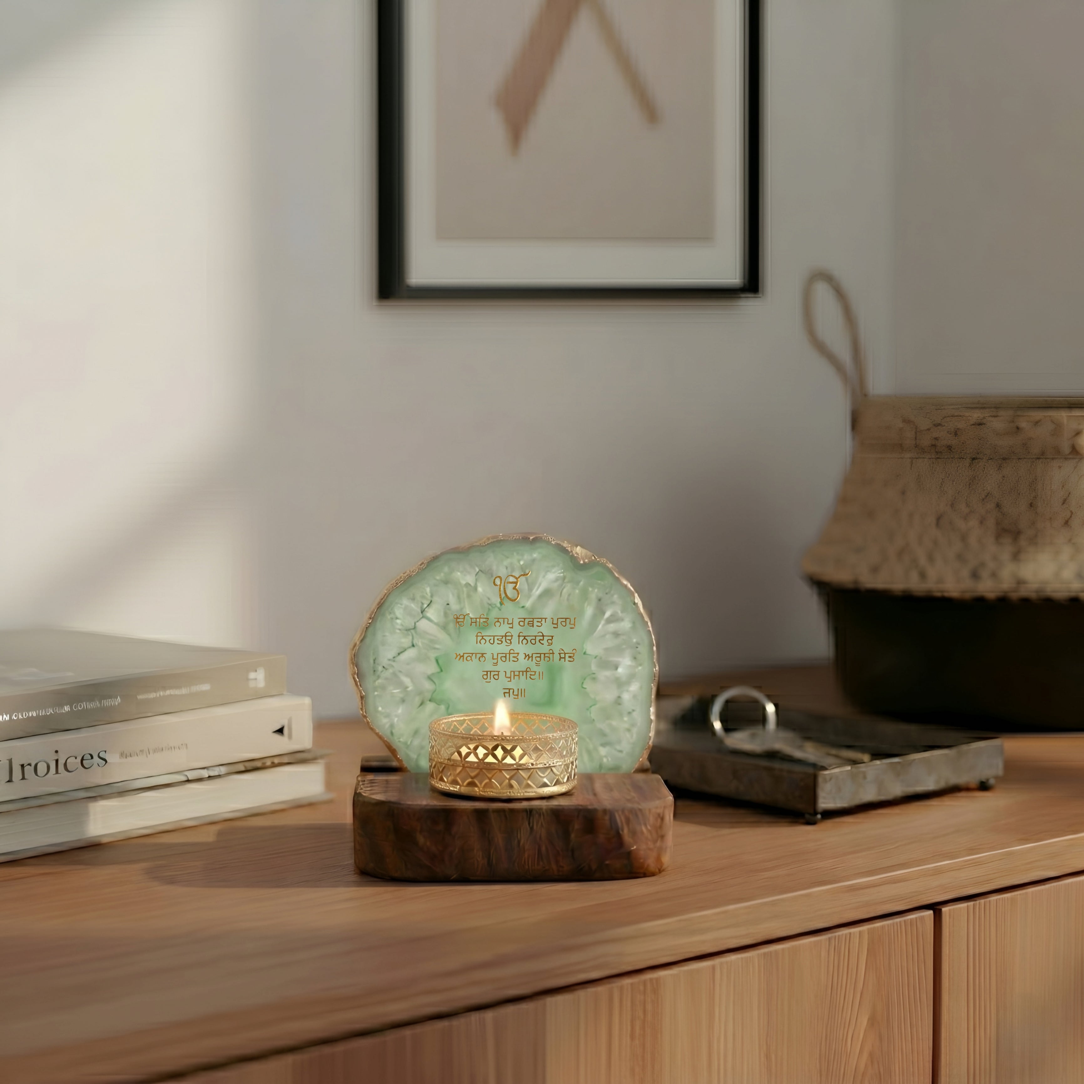 Ik Onkar Mantra Green Agate Tealight Wooden