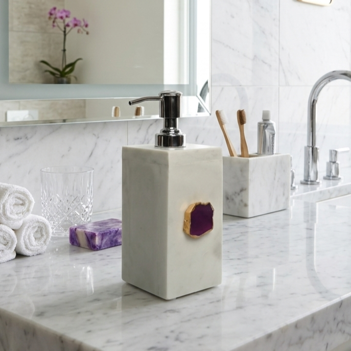White Marble with Pink Agate Soap Dispenser