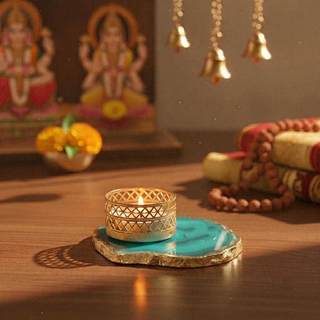 Agate Tea Light Holder with Gold Plated, Diwali Decor