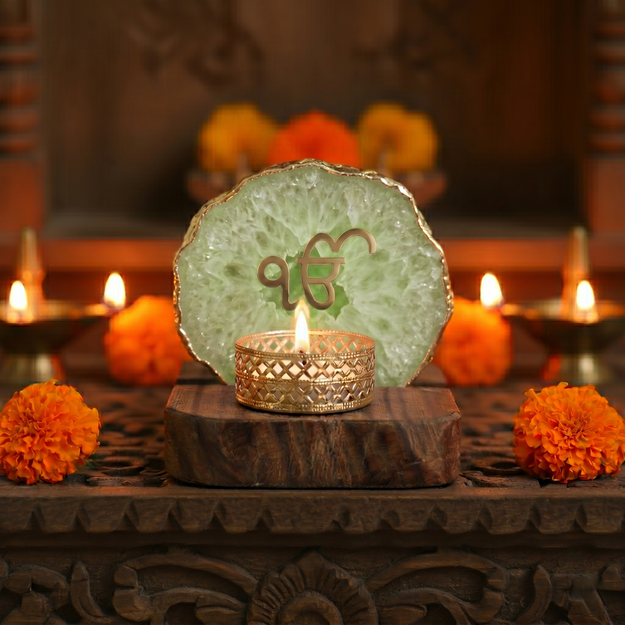 Ik Onkar Tea Light Holder Agate with Wood Stand